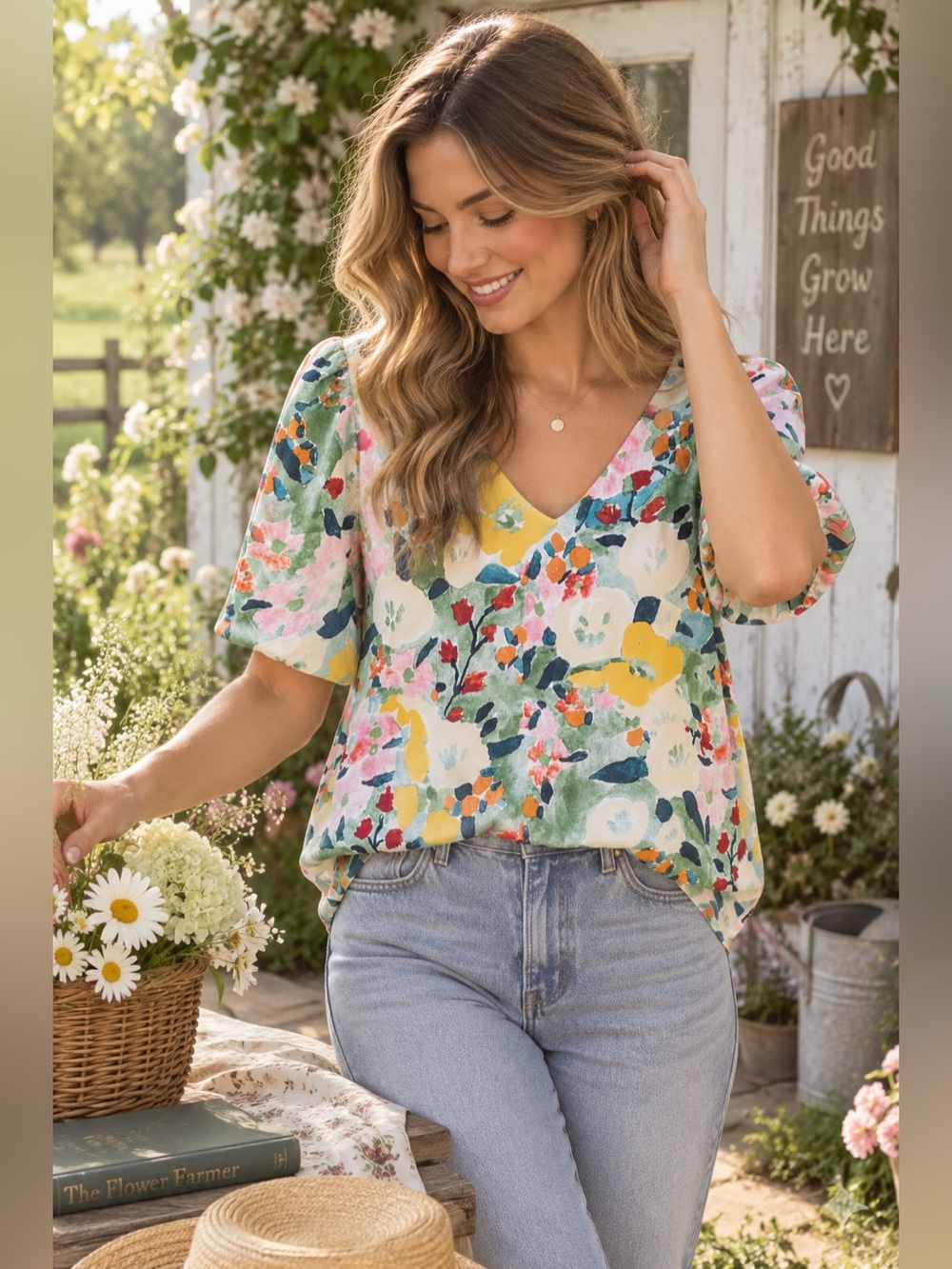 Jodifl Watercolor Floral V-Neck Puff Sleeve Blouse Size Small